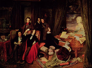 Liszt (1840) spielt für Alexander Dumas d.Ä., George Sand, Gräfin Marie d'Agoult (sitzend) und Hector Berlioz, Niccolò Paganini und Gioachino Rossini (stehend) in Paris (Gemälde von Josef Danhauser) 